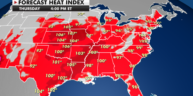 Forecast heat index temperatures for Thursday.