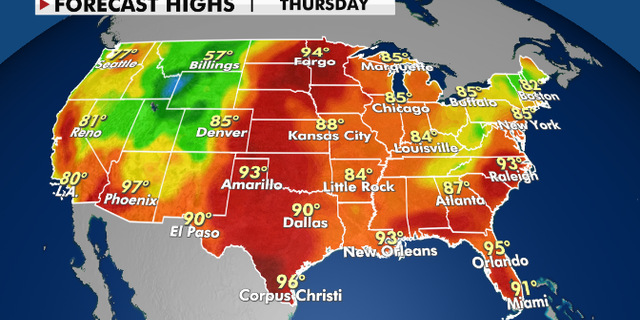 Forecast high temperatures for Thursday.