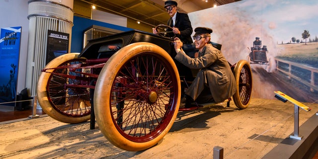 This image shows the "Sweepstakes" car, part of a Driven To Win exhibit at The Henry Ford Museum in Dearborn, Mich.