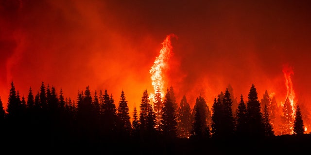 Flames from the Dixie Fire crest a hill in Lassen National Forest, Calif., near Jonesville on Monday, July 26, 2021. (AP Photo/Noah Berger)
