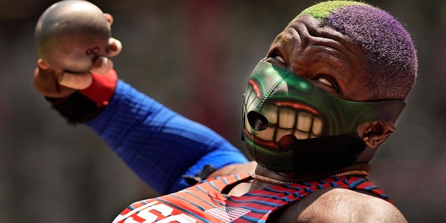 Raven Saunders, of the United States, competes in the final of the women's shot put at the 2020 Summer Olympics, Sunday, Aug. 1, 2021, in Tokyo.