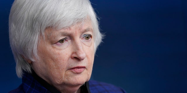 In this May 7, 2021, Treasury Secretary Janet Yellen speaks during a news briefing at the White House in Washington.  Yellen will be in Glasgow, Scotland with President Biden this weekend despite inflation at home and a stalemate. 
