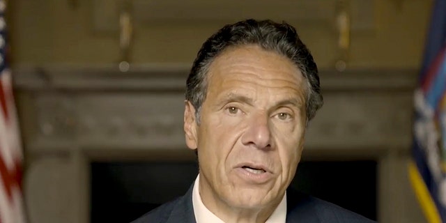 New York Gov. Andrew Cuomo makes a statement in a pre-recorded video released Tuesday, August 3, 2021. (New York Gov.'s Office via AP)