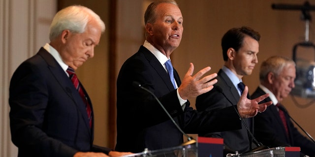 From left, Republican candidates for California Governor John Cox, Kevin Faulconer, Kevin Kiley and Doug Ose participate in a debate at the Richard Nixon Presidential Library Wednesday, Aug. 4, 2021, in Yorba Linda, Calif. California Gov. Gavin Newsom faces a Sept. 14 recall election that could remove him from office. (AP Photo/Marcio Jose Sanchez)