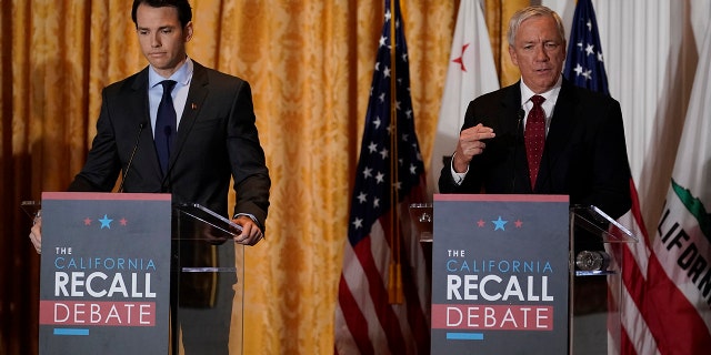 Republican candidates for California Governor Doug Ose, right, and Kevin Kiley participate in a debate at the Richard Nixon Presidential Library Wednesday, Aug. 4, 2021, in Yorba Linda, Calif. California Gov. Gavin Newsom faces a Sept. 14 recall election that could remove him from office. (AP Photo/Marcio Jose Sanchez)