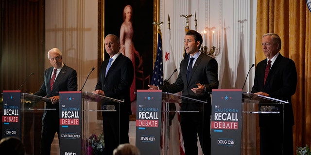 From left are California Republican gubernatorial candidates John Cox, Kevin Faulconer, Kevin Kiley and Doug Ose as they participate in a debate at the Richard Nixon Presidential Library in Yorba Linda, California, Aug. 4, 2021. (Associated Press)