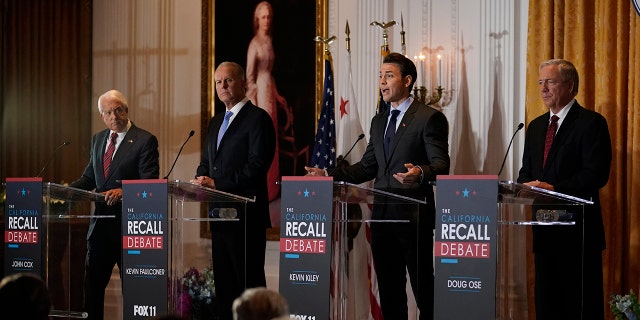 From left are California Republican gubernatorial candidates John Cox, Kevin Faulconer, Kevin Kiley and Doug Ose as they participate in a debate at the Richard Nixon Presidential Library in Yorba Linda, California, Aug. 4, 2021. (Associated Press)