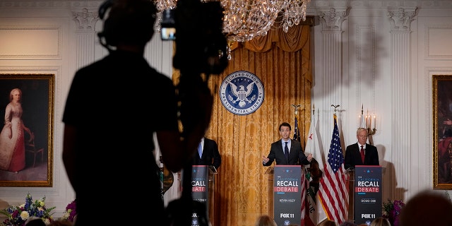 Republican candidates for California Governor Kevin Kiley, second from right, and Doug Ose, far right, participate in a debate at the Richard Nixon Presidential Library Wednesday, Aug. 4, 2021, in Yorba Linda, Calif. California Gov. Gavin Newsom faces a Sept. 14 recall election that could remove him from office. (AP Photo/Marcio Jose Sanchez)
