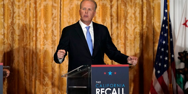Republican candidate for California Governor Kevin Faulconer speaks during a debate at the Richard Nixon Presidential Library Wednesday, Aug. 4, 2021, in Yorba Linda, Calif. California Gov. Gavin Newsom faces a Sept. 14 recall election that could remove him from office. (AP Photo/Marcio Jose Sanchez)