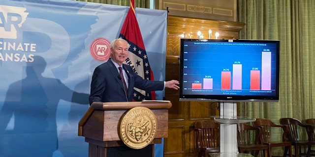 FILE - In this July 29, 2021 file photo, Arkansas Gov. Asa Hutchinson stands next to a chart displaying COVID-19 hospitalization data as he speaks at a news conference at the state Capitol in Little Rock, Ark. AP Photo/Andrew DeMillo