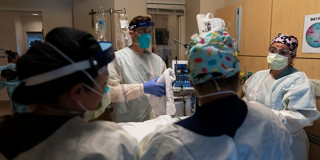 In this Nov. 19, 2020, file photo, medical personnel prepare to prone a COVID-19 patient at Providence Holy Cross Medical Center in the Mission Hills section of Los Angeles.