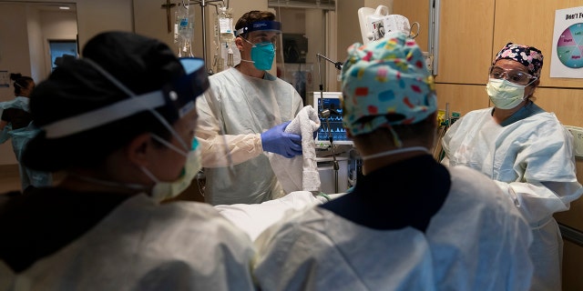 In this Nov. 19, 2020, file photo, medical personnel prepare to prone a COVID-19 patient at Providence Holy Cross Medical Center in the Mission Hills section of Los Angeles.