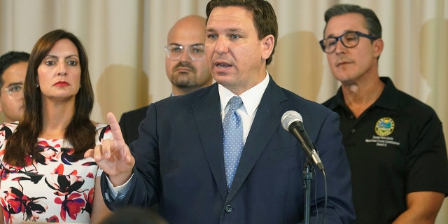 Florida Gov. Ron DeSantis answers questions related to school openings and the wearing of masks in Surfside, Florida, Aug. 10, 2021. (Associated Press)