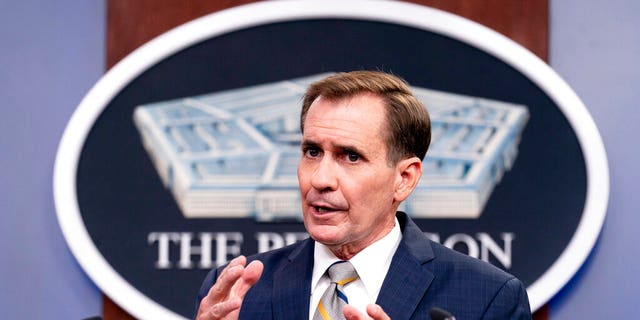Pentagon spokesman John Kirby speaks during a briefing at the Pentagon in Washington, Thursday, Aug. 12, 2021. With security rapidly deteriorating in Afghanistan, the United States is evacuating some personnel from the U.S. Embassy in Kabul, and U.S. troops with be assisting at the Kabul airport. (AP Photo/Andrew Harnik)