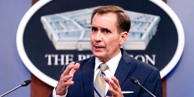 Pentagon spokesman John Kirby speaks during a briefing at the Pentagon in Washington, Thursday, Aug. 12, 2021. With security rapidly deteriorating in Afghanistan, the United States is evacuating some personnel from the U.S. Embassy in Kabul, and U.S. troops with be assisting at the Kabul airport. (AP Photo/Andrew Harnik)