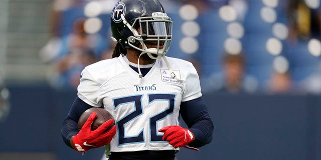 Tennessee Titans running back Derrick Henry runs a drill during NFL football training camp Monday, Aug. 16, 2021, in Nashville, Tenn. (AP Photo/Mark Humphrey)