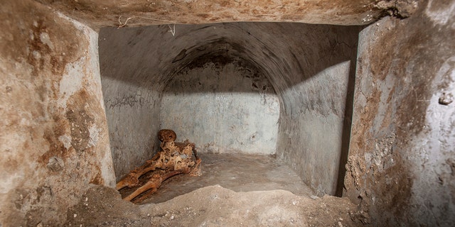 In this undated photo released by the Pompeii archeological park, a view of the tomb located in the necropolis of Porta Sarno, in an area not yet open to the public in the east of Pompeii’s urban center.