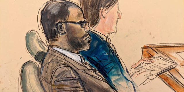 In this courtroom, artist's sketch of a video screen of a Brooklyn courtroom, defendant R. Kelly, listening, left, during the opening day of his trial, Wednesday, August 18, 2021 in New York. 