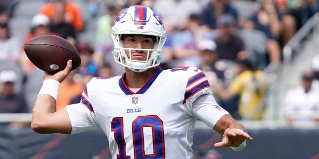 Buffalo Bills quarterback Mitchell Trubisky passes during the first half of an NFL preseason football game against the Chicago Bears Saturday, Aug. 21, 2021, in Chicago.