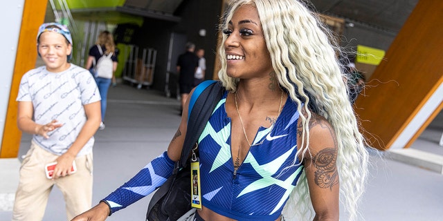 American sprinter Sha'carri Richardson leaves a meet after running the 100 meters on Saturday, Aug. 21, 2021, at the Prefontaine Classic track and field meet in Eugene, Ore. The annual event is named for late University of Oregon track legend Steve Prefontaine. 