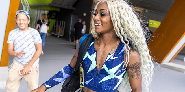 American sprinter Sha'carri Richardson leaves a meet after running the 100 meters on Saturday, Aug. 21, 2021, at the Prefontaine Classic track and field meet in Eugene, Ore. The annual event is named for late University of Oregon track legend Steve Prefontaine.