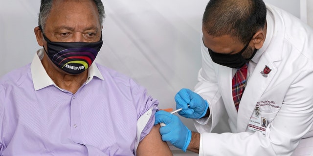 Rev. Jesse Jackson receiving the Pfizer/BioNTech COVID-19 vaccine this past January in Chicago.