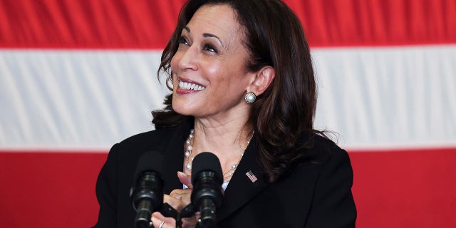 U.S. Vice President Kamala Harris speaks to troops as she visits the USS Tulsa in Singapore, Monday, Aug. 23, 2021. (Evelyn Hockstein/Pool Photo via AP)