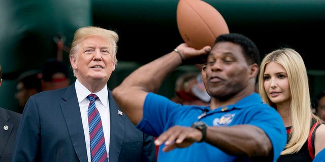 FILE - In this May 29, 2018, file photo, President Donald Trump, left, and his daughter Ivanka Trump, right, watch as former football player Herschel Walker, center, throws a football during White House Sports and Fitness Day on the South Lawn of the White House in Washington. Walker registered to vote on Tuesday, Aug. 17, 2021, in Georgia as Donald Trump has been urging the former football great to join the U.S. Senate in the state as a Republican. (AP Photo/Andrew Harnik, File)