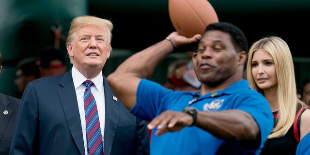 FILE - In this May 29, 2018, file photo, President Donald Trump, left, and his daughter Ivanka Trump, right, watch as former football player Herschel Walker, center, throws a football during White House Sports and Fitness Day on the South Lawn of the White House in Washington. Walker registered to vote on Tuesday, Aug. 17, 2021, in Georgia as Donald Trump has been urging the former football great to join the U.S. Senate in the state as a Republican. (AP Photo/Andrew Harnik, File)