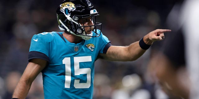 Jacksonville Jaguars quarterback Gardner Minshew (15) reacts in the second half of an NFL preseason game against the New Orleans Saints in New Orleans, Monday, Aug. 23, 2021. (AP Photo/Brett Duke)