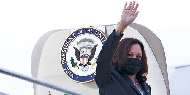 US Vice President Kamala Harris waves as she leaves Singapore for Vietnam on Tuesday, August 24, 2021. (Associated Press)