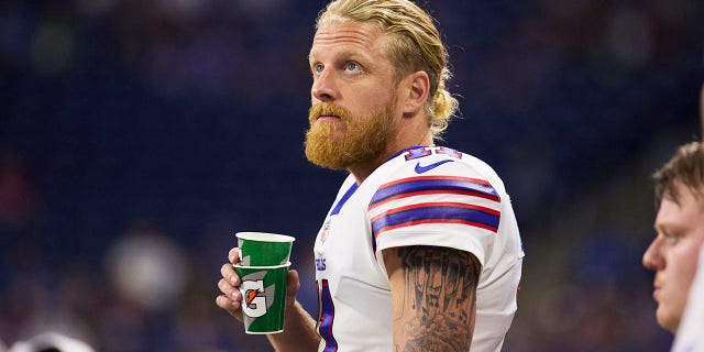 FILE - Buffalo Bills wide receiver Cole Beasley is shown on the sideline during an NFL preseason football game against the Detroit Lions in Detroit, in this Friday, Aug. 13, 2021, file photo.