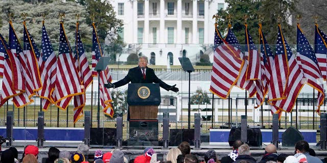 In this Jan. 6, 2021, file photo with the White House in the background, former President Donald Trump speaks at a rally in Washington on the Ellipse. Former Trump campaign staffer Taylor Budowich was involved in the planning of the rally.