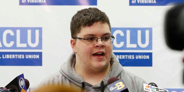 In this March 6, 2017, file photo, Gloucester County High School senior Gavin Grimm, a transgender student, speaks during a news conference in Richmond, Virginia. The Gloucester County School Board has agreed to pay $1.3 million in legal costs to the American Civil Liberties Union after the nonprofit spent six years representing a student who sued over the board's transgender bathroom ban. 