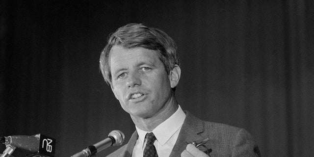 FILE - In this May 9, 1968, file photo, Sen.  Robert F. Kennedy speaks to the delegates of the United Auto Workers at a convention hall in Atlantic City, NJ 