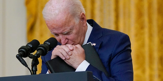 President Joe Biden pauses as he listens to a question about the bombings at the Kabul airport that killed at least 12 U.S. service members, from the East Room of the White House, Thursday, Aug. 26, 2021, in Washington. (Associated Press)