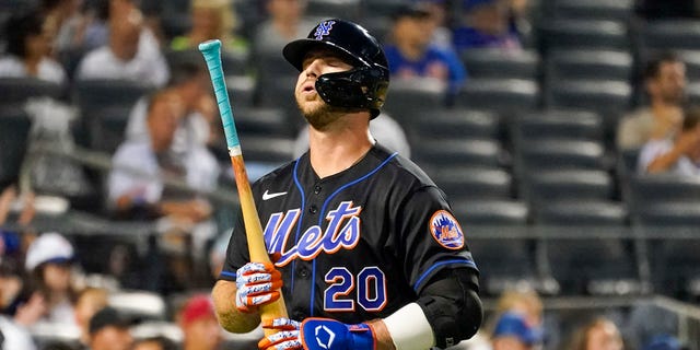 The New York Mets' Pete Alonso reacts after striking out during the first inning of a baseball game against the Washington Nationals, Friday, Aug. 27, 2021, in New York. 