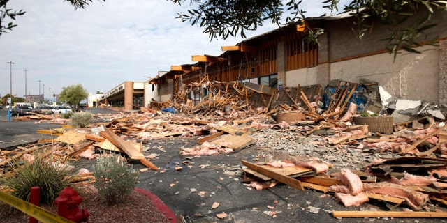 A view of a La Bonita supermarket after the storefront collapsed in Las Vegas, Friday, Aug. 13, 2021. Authorities say several people were treated for unspecified minor injuries after the storefront collapse at the supermarket. (Steve Marcus/Las Vegas Sun via AP)