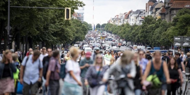 In Berlin versammelten sich Hunderte Menschen, um trotz des Versammlungsverbots gegen die Anti-Coronavirus-Maßnahmen der Bundesregierung zu protestieren, was zu Festnahmen und Zusammenstößen mit der Polizei führte.  (Fabian Sommer / dpa via AP)