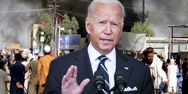 U.S. President Joe Biden speaking juxtaposed with smoke rising after fighting between the Taliban and Afghan security personnel in the city of Kandahar, southwest of Kabul, Afghanistan, Thursday, Aug. 12, 2021.