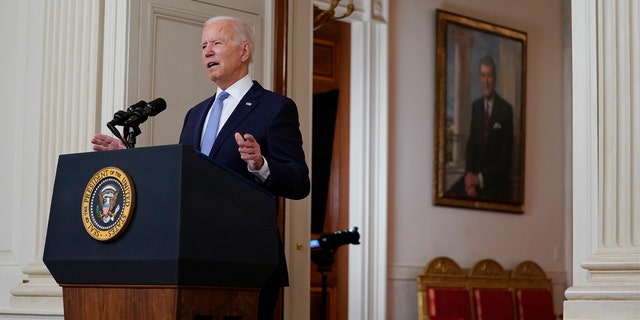 President Joe Biden speaks about the end of the war in Afghanistan from the State Dining Room of the White House, Tuesday, Aug. 31, 2021, in Washington.