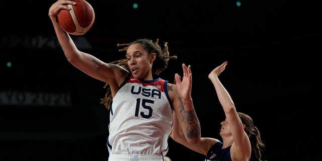 United States' Brittney Griner grabs a rebound at the 2020 Summer Olympics, Friday, Aug. 6, 2021, in Saitama, Japan. (AP Photo/Eric Gay)
