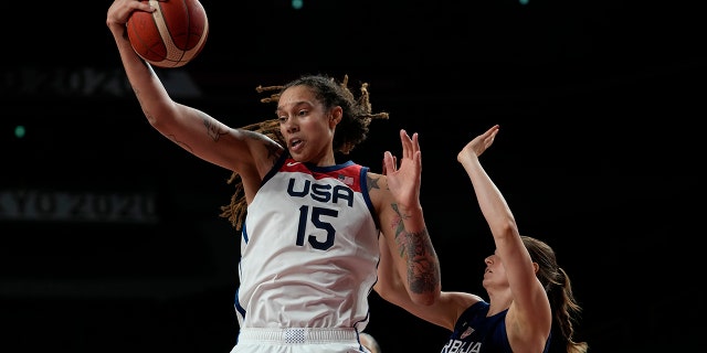 United States' Brittney Griner grabs a rebound at the 2020 Summer Olympics, Friday, Aug. 6, 2021, in Saitama, Japan. (AP Photo/Eric Gay)
