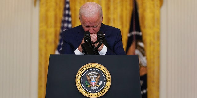 United States President Joe Biden delivers remarks on the terrorist attack at Hamid Karzai International Airport in Kabul, Afghanistan, and U.S. service members and Afghan casualties killed and injured in the East Room of the White House in Washington.  Credit: POOL via CNP/INSTARimages/Cover Images