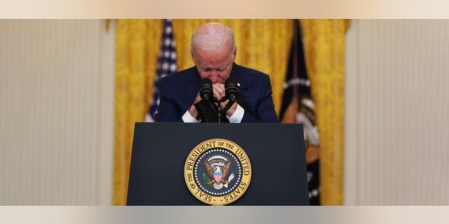 FILE - President Biden delivers remarks on the terror attack at Hamid Karzai International Airport in Kabul Afghanistan, and the U.S. service members and Afghan victims killed and wounded in the East Room of the White House in Washington.