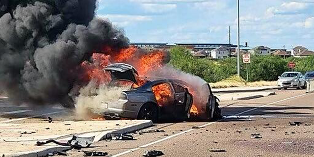 A car on fire following a vehicle pursuit in Laredo, Sector.