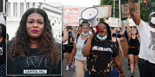 UNIVERSITY CITY, MO - JUNE 12: Missouri Democratic congressional candidate Cori Bush leads protesters as they take to the street to protest against police brutality on June 12, 2020 in University City, Missouri. Protest continue across the world since George Floyd died in Minneapolis police custody on May 25. (Photo by Michael B. Thomas/Getty Images)