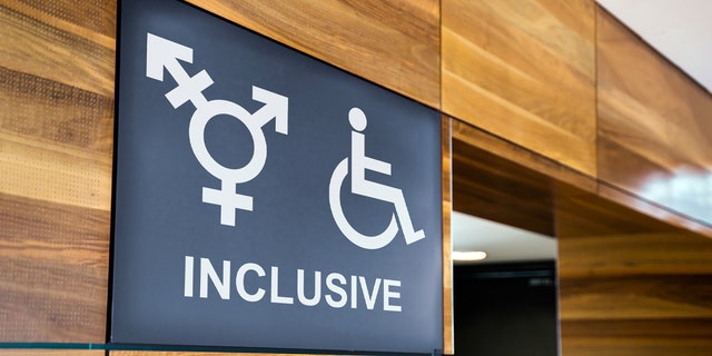 Gender-neutral public restroom sign. Genderless and handicapped toilet.