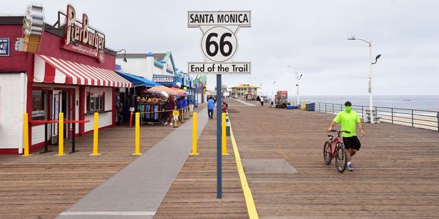 California's U.S. Bicycle Route 66 ends at the Santa Monica Pier in Los Angeles.