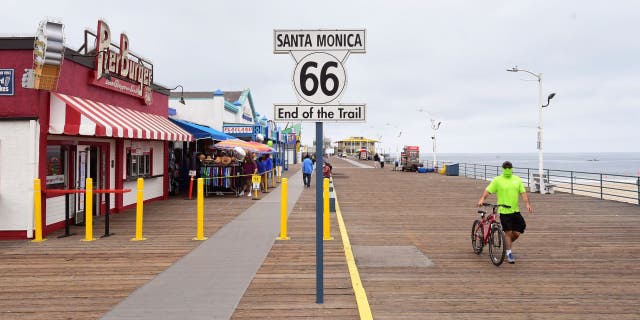 California's U.S. Bicycle Route 66 ends at the Santa Monica Pier in Los Angeles.